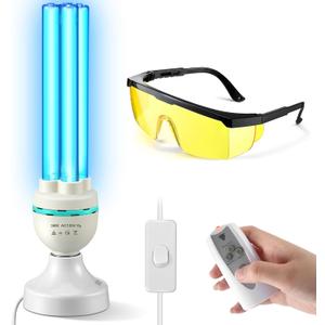 Qualirey 36 Watts UVC Ozone Light with Remote Control and UV Glasses, UV Lamp with E26 Base, 3 Gear Timer 15/30/60 Minutes, UVC Light Bulb for Basement, Bedroom, Kitchen, Storehouse, Car