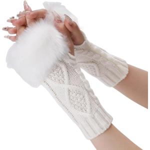 Sumleno Arm Warmers Fingerless Winter Gloves Faux Fur Cable Knit Warm Gloves Wrist Warmers with Thumb Hole