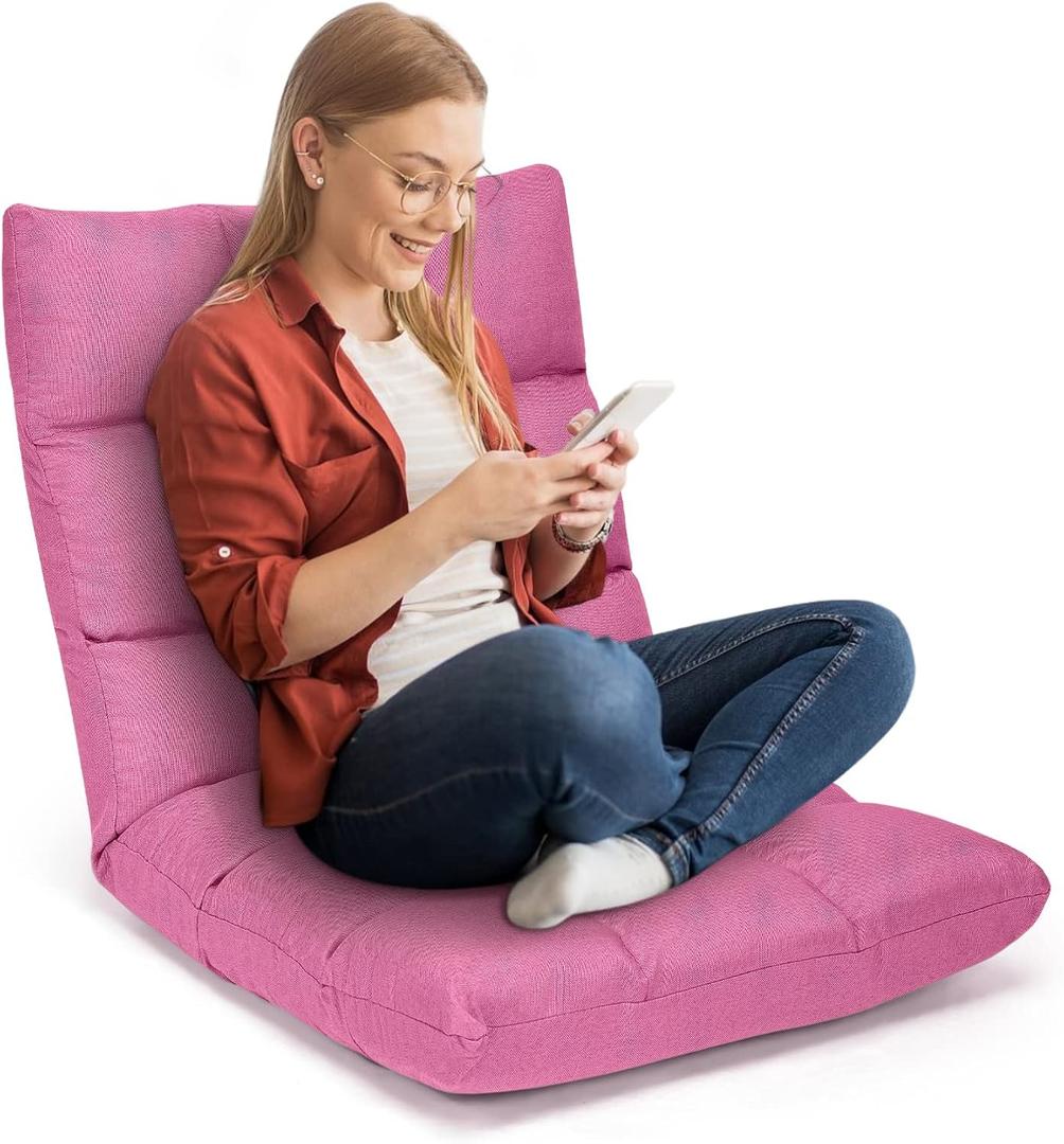 Floor Chair, Folding Gaming Chair with Back Support, 14 Adjustable Positions, Alloy Steel Frame, Lazy Sofa Lounge for Playing Reading Meditating Room Recliner for Adults, Kids (Pink)