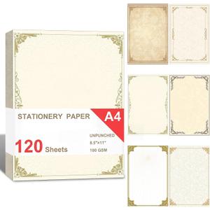 Supervitae 120 Sheet European Classical Stationery Paper for Letter Writing Scrapbook Paper Crafting Printing, 11.02 x 8.46 Inch Double Sided Printing, 6 Watercolor Designs