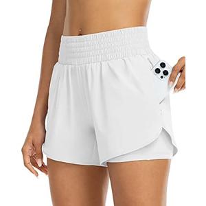 YEZII Womens High Waist Running Shorts Athletic Workout Quick Dry Shorts for Women with Pockets Gym Yoga White Summer Shorts White, L
