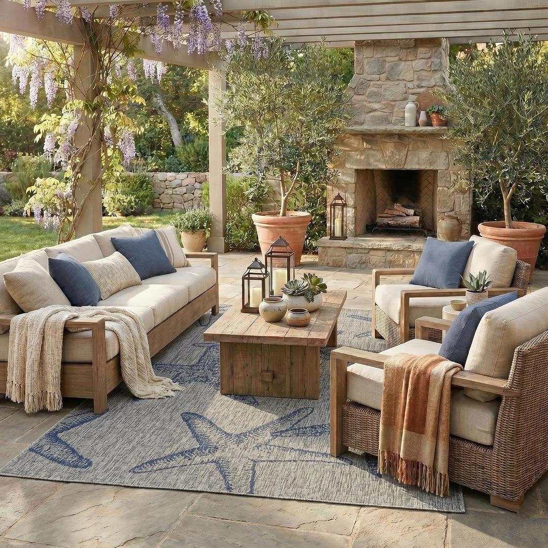 LR Home Starfish Outdoor Area Rug for Home Decor, Carpet for Deck, Patio, Garden, Farmhouse Rug, 5' x 7', Gray/Navy Blue