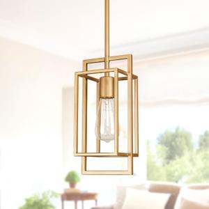 Muted Gold Pendant Lighting Fixture with Geometric Metal Cage, 1-Light Industrial Mini Lamp for Kitchen Island, Cafe Bar, Dining Room