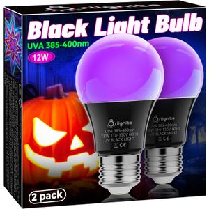Black Light Bulbs, 12W LED Black Light Bulb for Halloween Decoration, UVA 385-400nm UV Black Light, A19 Blacklight Bulb for Glow in Dark, Body Paint Fluorescent Poster Glow Party, 2 Pack
