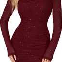 Rooscier Women's Mesh Sparkly Long Sleeve Mini Dress Sexy Bodycon Ruched Club Short Dresses (Red, M)