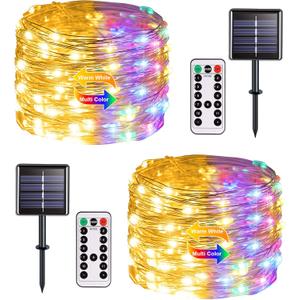 JMEXSUSS 2 Pack Solar Christmas Lights Outdoor Waterproof, 100 LED 33ft Warm White and Multicolor Color Changing Solar Fairy Lights, Copper Wire Solar String Lights for Outside Christmas Decorations