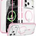 for iPhone 17 Pro Case, Heavy Duty Shockproof Protective Phone Case, Built-in Screen Protector & Camera Stand, Fits MagSafe, Magnetic Rugged Phone Cover for iPhone 17 Pro, 6.3'', Pink
