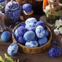 Gemscream 24 Pcs Easter Hanging Eggs Chinoiserie Blue and White Egg Tree Ornament Chinoiserie Decoration Farmhouse Easter Party Basket Filler Outdoor Home Decorations