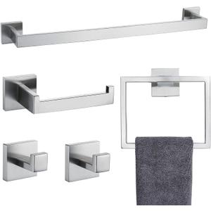 Bathroom Towel Bar Set 5 Pieces Brushed Nickel Square Modern Bathroom Hardware Set,Stainless Steel Wall Mounted 23.6-Inch