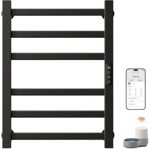 Smart Heated Towel Rack, 6-Bar Wall-Mounted, Matte Black | Wi-Fi App Control, Adjustable Temperature & 24H Timer, Low Carbon Steel, IPX5, Plug-in/Hardwired