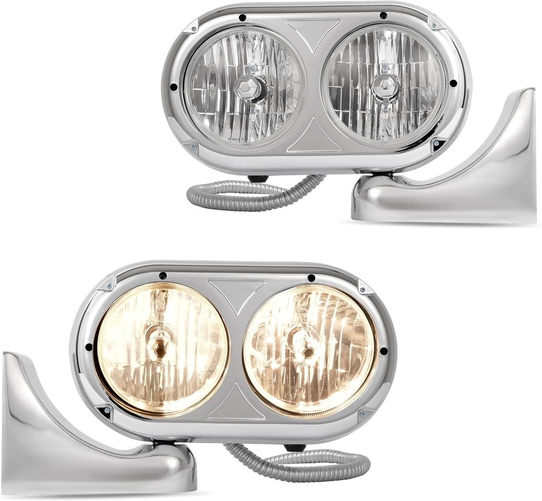 ALMULOO Pair Halogen Headlight Assembly Compatible with Peterbilt 359 Aluminum+Plastic Front Head Light Lamp Chrome Clear Lens+Chrome Housing Left&Right Side