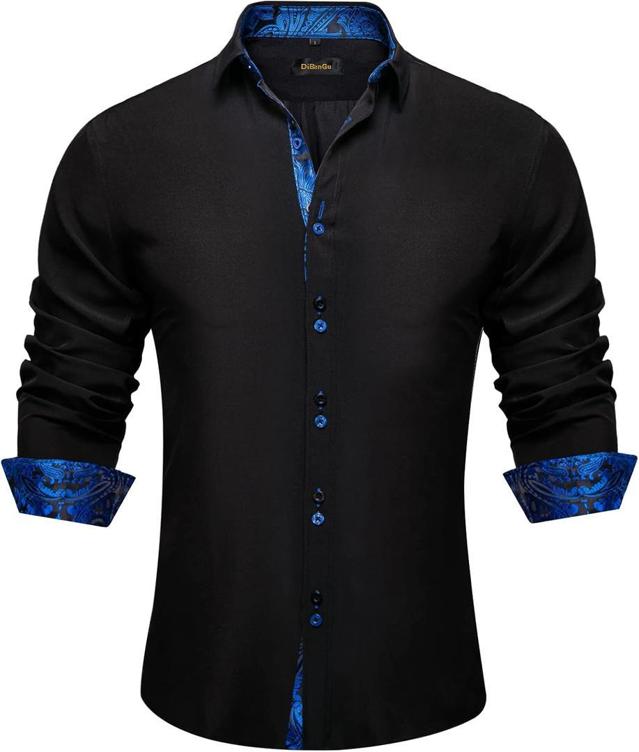 DiBanGu Men's Dress Shirt Long Sleeve Casual Button Down Shirts Regular Fit Inner Contrast Shirt for Business Party (Black, XL)