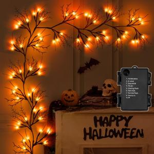 9 Ft 54 LED Halloween Willow Vine Twig Decor Garland with 8 Modes Timer Waterproof Battery Operated Scary Halloween Decorations for Home Wall Mantle Fireplace Decor