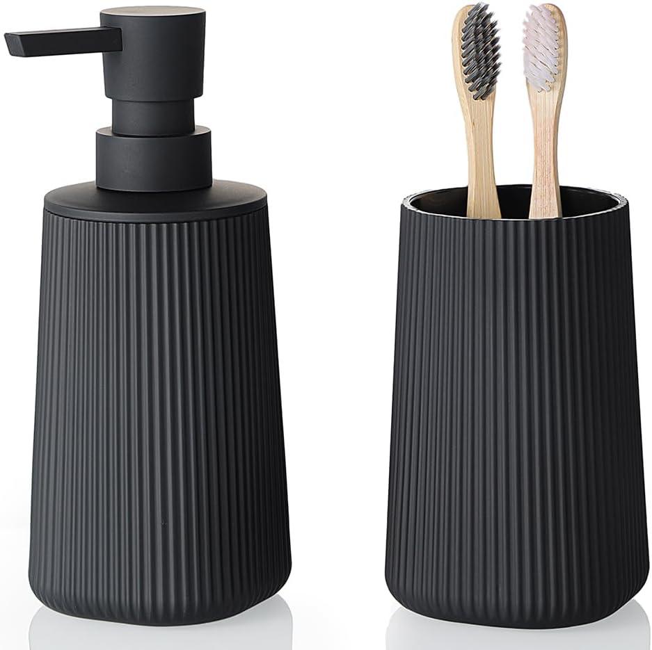 YAUKPH Bathroom Accessories Set 2 Piece Soap Dispenser and Toothbrush Holder for Bathroom Countertop Striped Black