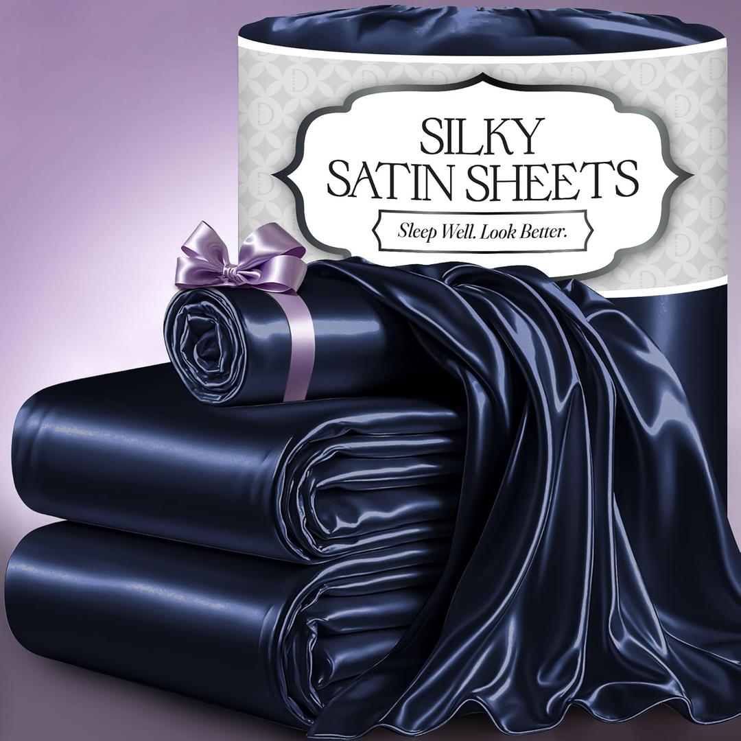 DECOLURE Satin Bed Sheets - 3 Piece Luxury Silky Twin Size Bedding Set - Softer Than Silk, Wrinkle-Free with 15 Deep Pocket Fitted Sheet, Perfect for Hair & Skin, Gifts for Women (Navy Blue)