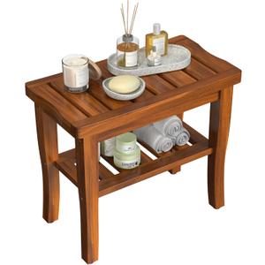 Teak Wood Shower Bench Stool with Storage Shelf, Wooden Waterproof Bathroom Spa Bathing Teak Shower Stool with Non-Slip Feet Gadget 2024 for Indoor or Outdoor Shower Chair Seat Organizer (15.6"W  10"D  16.7"H, Brown)