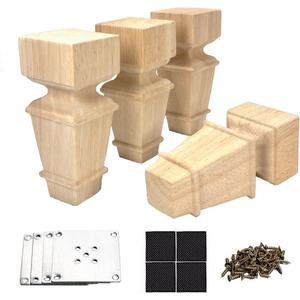 6 Inch Wooden Furniture Legs with Mounting Plates Screws Set of 4 Solid Wood Unfinished European Style Replacement Furniture Feet for Couch Cabinet Sofa Ottoman TV Stand Home DIY Projects (6 inch)