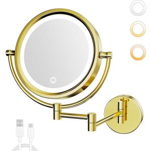 GURUN 10x Magnifying Mirror with Light Wall Mounted Makeup Mirror Dimmable 3 Color LED Beauty Mirror Touch Screen Brass Rechargeable Cosmetic Mirror with Extension Arm-Polished Gold (15.7"L x 11.8"W)