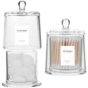 rejomiik 2 Pack Qtip Holder Thick Glass Apothecary Jars with Lid for Bathroom Accessories Vanity Organizers and Makeup Storage for Cotton Ball, Swabs, Makeup Sponges, Candy, Jewelry, Clear (White)
