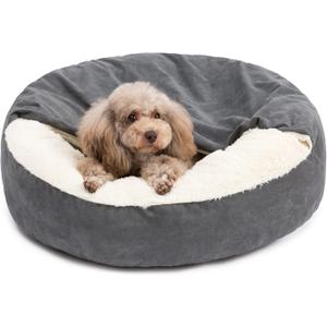 Small Dog Bed for Extra Small Dogs Up to 20lbs - Washable Burrow Puppy Beds with Blanket Attached - Covered Dog Cave Bed with Anti-Slip Bottom - Charcoal Gray, 24"