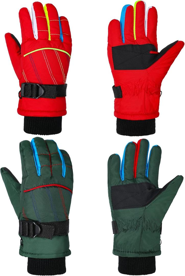Hicarer 2 Pairs Kids Waterproof Winter Gloves Snow Gloves for Boys Girls Child Toddler Warm Ski Gloves for Cold Weather (8 - 14 Years, Red and Dark Green)