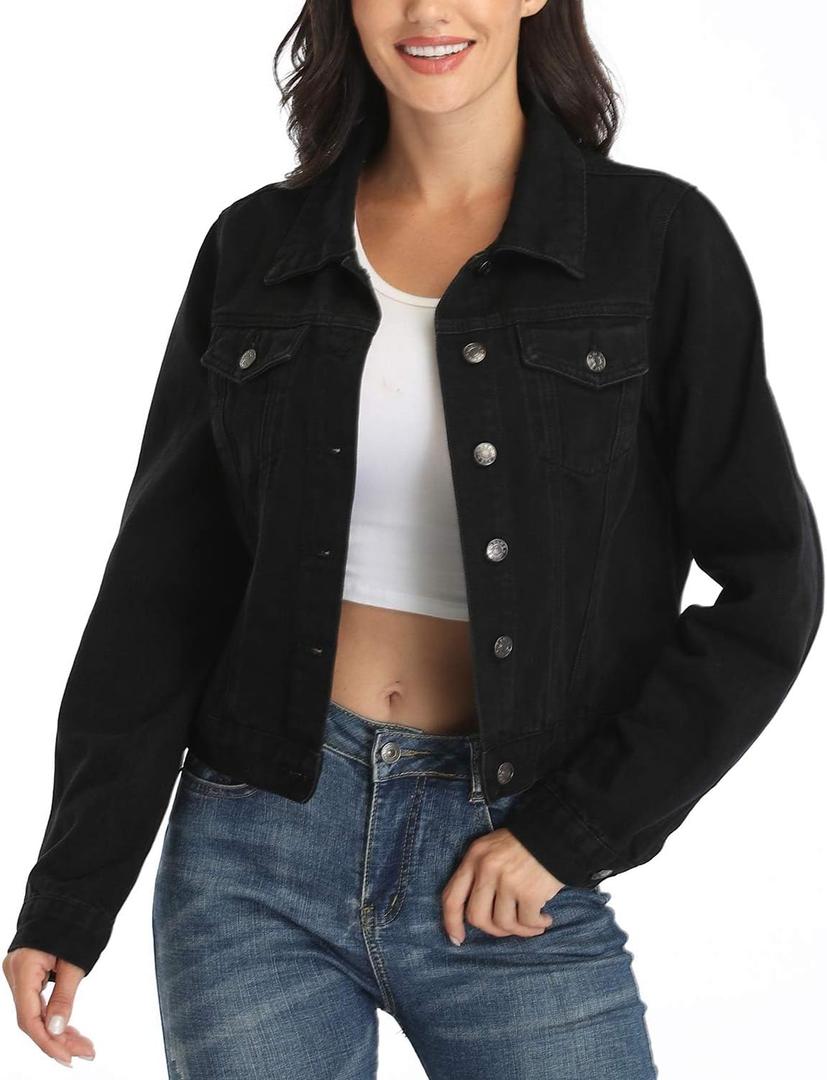 ndy & natalie Jean Jacket Women Trendy Long Sleeve Basic Button Down Cropped Denim Jackets with Pockets Black X-Large