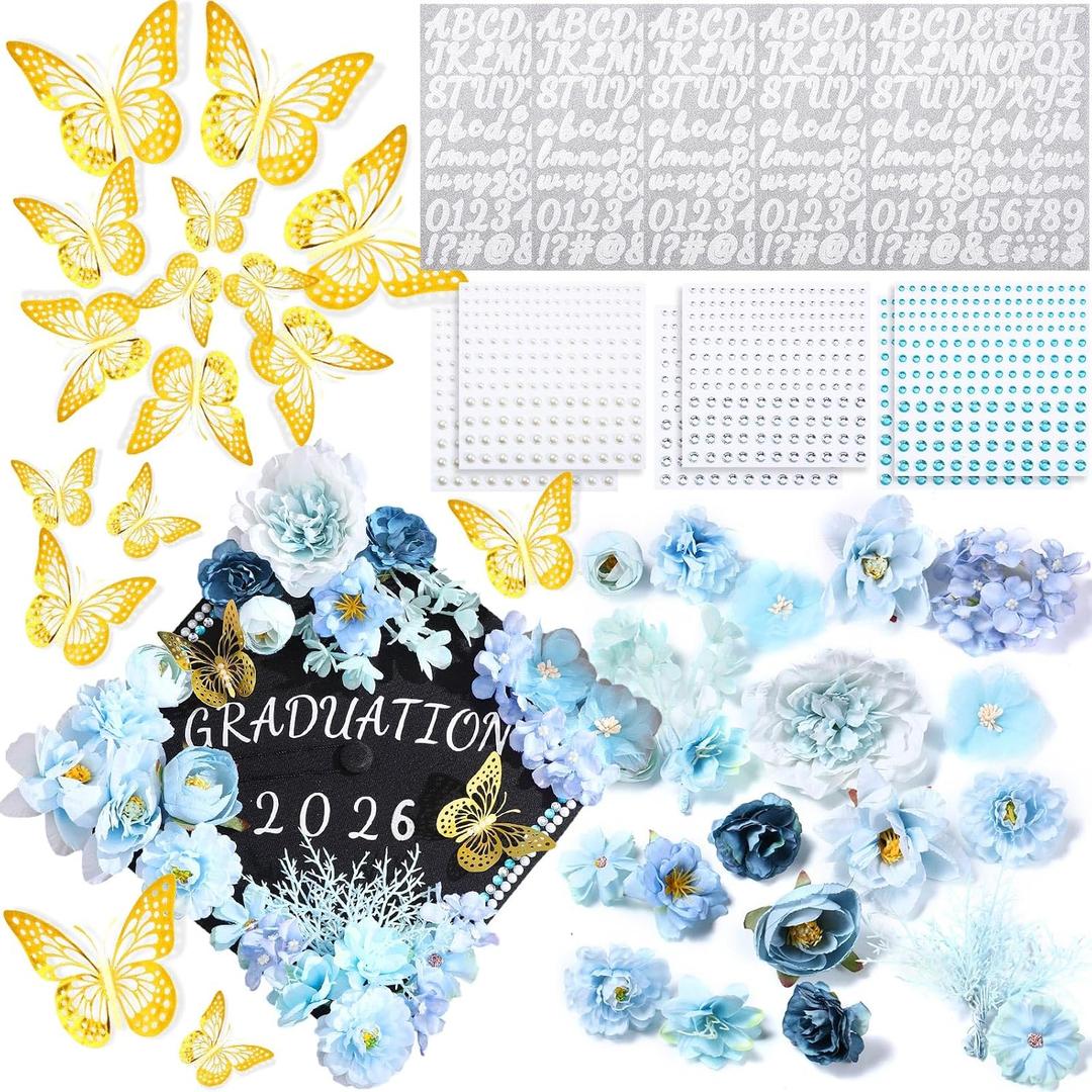 Hoteam DIY Graduation Cap Decorations Kit Included Faux Flowers 3D Butterfly Self Adhesive Rhinestones Glitter Alphabet Letter Stickers for 2026 Grad Cap Topper Party Gifts Decor(Blue)