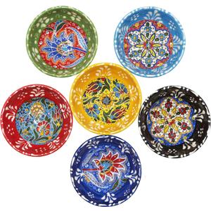 6 Pcs Hand Painted Decorative Serving Turkish Tiny Bowls - Handmade Ceramic Bowl Set of (3.3''inc/8.5cm) 2.5 Oz Pinch Multicolor Small Best Gift Set, Tulip