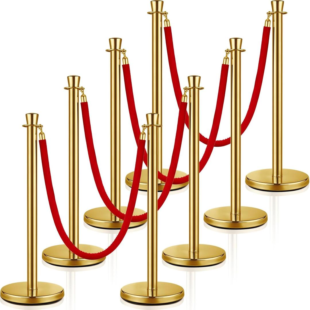 Wesiti 8 Pcs Stainless Steel Stanchion Post Queue, 5ft Red Velvet Rope Red Carpet Ropes and Poles Stanchions and Velvet Ropes Gold Stanchions with Red Rope Crowd Control Barriers for Party Supplies