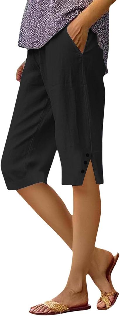 Cotton Linen Capri Pants for Women Petite Bermuda Shorts Knee Length Drawstring Pants Summer Beach Long Shorts (XL)