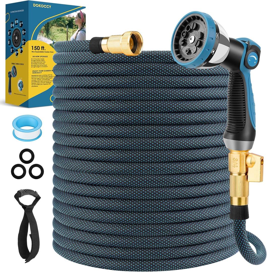 Non-Expanding Garden Hose 150 ft, Flexible Kink Free Water Hose with 10 Watering Spray Nozzle, Lightweight Hose Pipe, Leak-Proof, 3/4" Brass Alloy Connector, Portable Storage Strap, Dot Blue