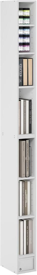 Furinno Fulda Book Shelf, 8-Tier Bookshelf, Bookcase with Space Saving Storage Shelf, 9.2 x 5.9 x 70.9, for Living Room, Bedroom, Home Office, White, 8-Tier, 6-Inch Width