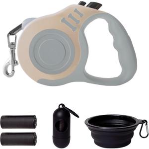 Retractable Dog Leash Automatic Telescopic Tractor Dog Tape, Pet Tape 10/16 FT Durable and Convenient, with Folding Bowl, Dispenser, Rubbish Bags, Suitable for Small and Medium Dogs (Light Grey Set)