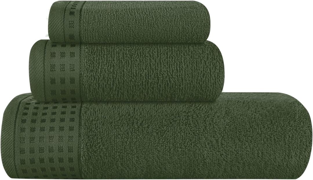 GLAMBURG Ultra Soft 3 Pack Cotton Towel Set, Contains a Bath Towel 28x55 inch, a Hand Towel 16x24 inch & a Wash Coth 12x12 inch, Ideal Everyday use, Compact & Lightweight - Olive Green