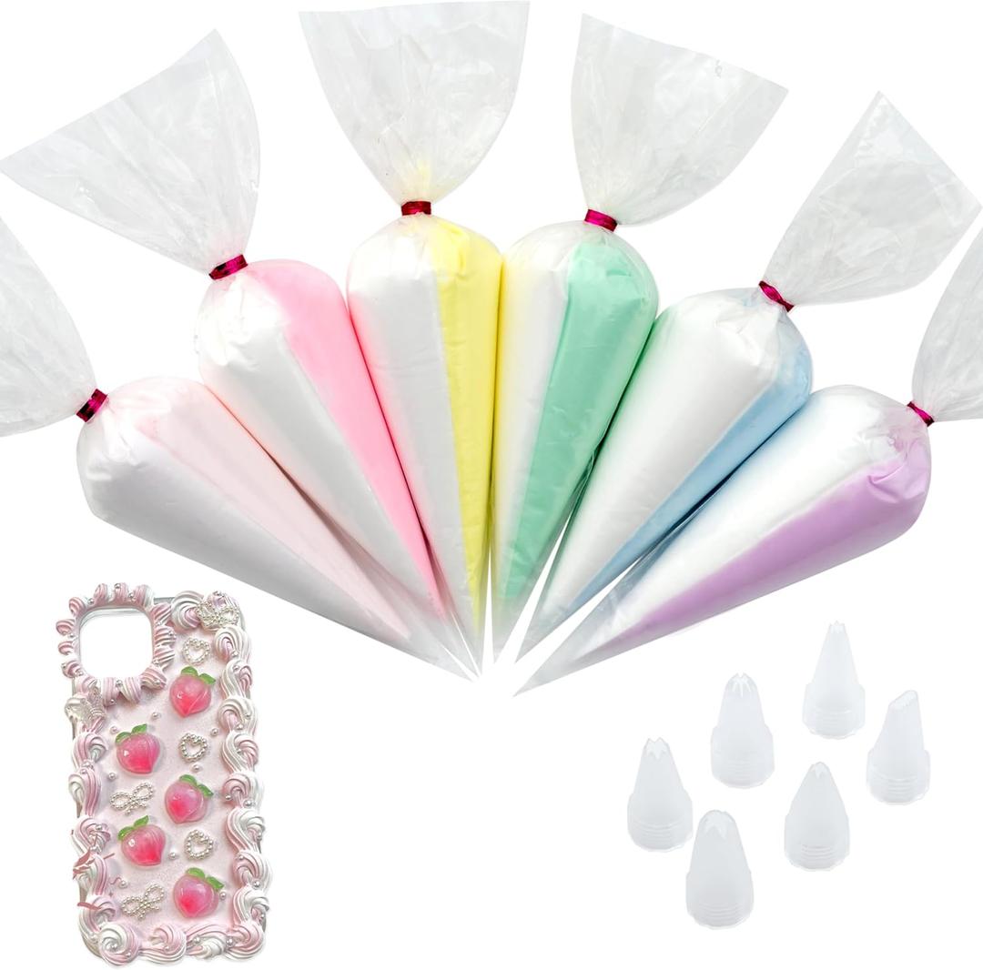 Two-Tone Decoden Cream Large 6PCS Premium Texture 100g Fake Whipped Cream Glue, Decoden Kit, Fake Icing Frosting Whipped Clay with Piping Bags for Crafts and DIY Projects (Two-Tone Set) (6 bags)