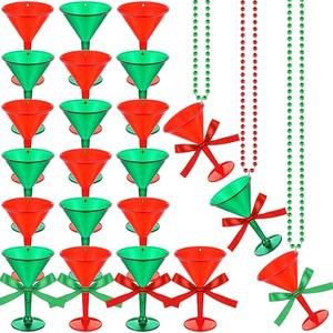 Gemscream 24 Pcs Christmas Shot Glass Necklaces Red and Green Martini Cocktail Margarita Plastic Beaded Necklaces Decorations for Xmas Gift Holiday Party Favor Includes Ribbons