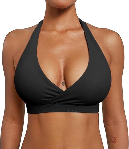 YEOREO LuxFlow Cross Over Workout Halter Sports Bra for Women Backless Gym Bra Padded (black, S)