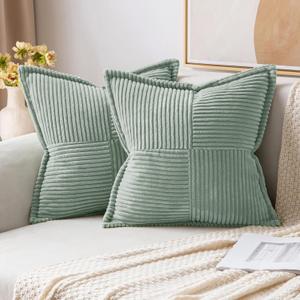 MIULEE Corduroy Pillow Covers with Splicing Set of 2 Super Soft Couch Pillow Covers Broadside Striped Decorative Spring Textured Throw Pillows for Cushion Bed Livingroom 18x18 inch, Greyish Green
