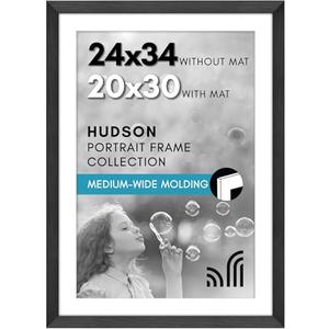 Americanflat 24x34 Poster Frame with Polished Plexiglass - Use as 20x30 Frame with Mat or 24x34 Frame Without Mat - Hudson Collection - Wide Picture Frame for Wall Display - Black