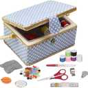 Sewing Box with Sewing Kit Accessories, D&D Wooden Sewing Basket Organizer with Accessories for Home, Travel, Blue Polka Dot