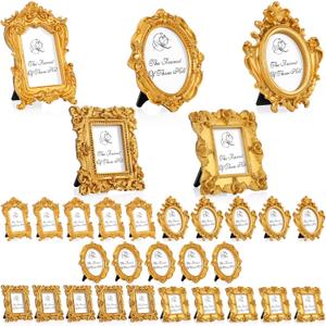 Maitys 25 Pcs Mini Picture Vintage Frames with Stands Tiny Antique Photo Baroque Ornate Resin Oval Frame Table Top Display Home Wedding Decor (Gold)