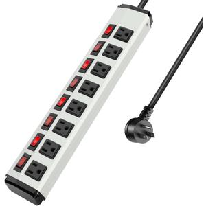 8 Outlet Metal Power Strip with Individual Switches,Heavy Duty Appliance Power Strip with Flat Plug,1200J Surge Protector,6FT Extension Cord 15A 120V 1800W for Home Office School Shop Industrial (White)