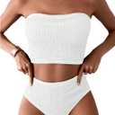 OYOANGLE Women's 2 Piece Strapless Swimsuit High Waisted Smocked Bandeau Bathing Suit (X-Large, White)