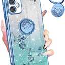 Coralogo (3in1 for Samsung Galaxy A23 5G Phone Case Glitter Sparkly for Women Girls Sparkle Girly Bling Shiny Cover Cute Flowers Floral Design with Ring Pretty Blue Cases for Galaxy A23 5G/4G 6.6''