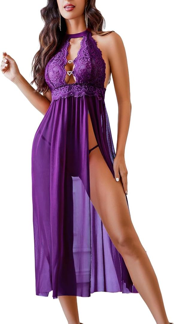 Avidlove Women Lingerie Lace Babydoll Nightdress Sexy Chemise Nightgown V Neck Nightdress Sleepwear (Small, Deep Purple)