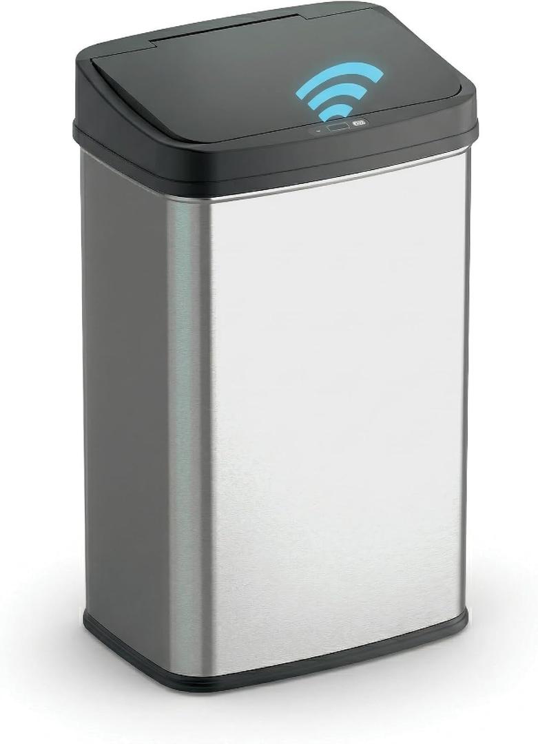 Ninestars 13 Gallon Automatic Trash Can, 50L Touchless Motion Sensor Garbage Can with Odor-Sealing Lid, Rectangular Stainless Steel, Black Trim