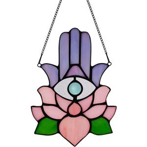 Hamsa Hand Decor Stained Glass Window Hangings,Lotus Flower Suncatchers for Windows Amulet Meditation Home Decor,Spiritual Gift for Women,Baptism Blessing Housewarming Gift