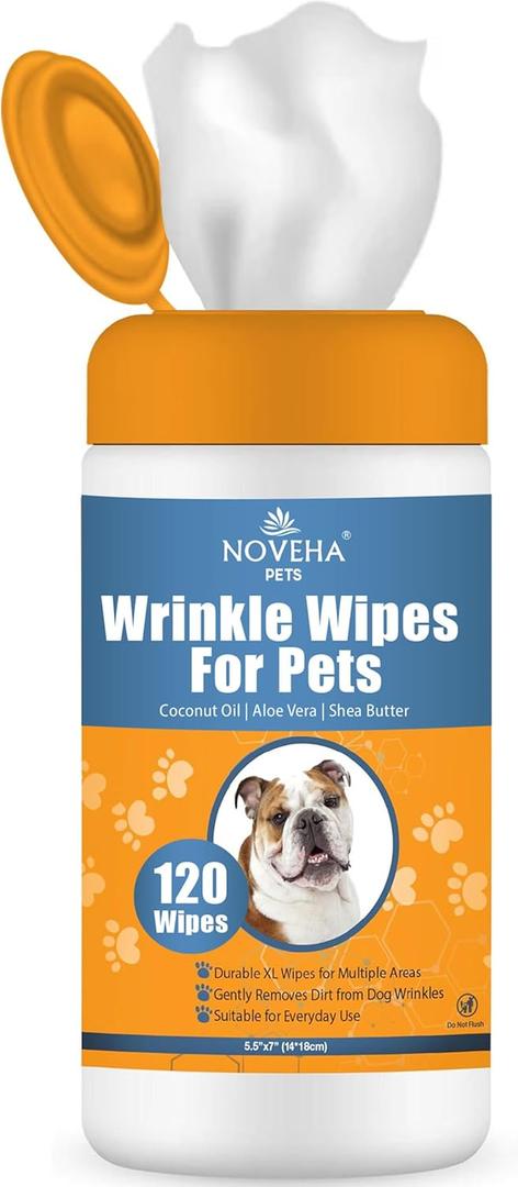 NOVEHA 120PCs - 5x7 Large Dog Wipes | Wipes for Bulldog, French Bulldog, Pug, English Bulldog | Deodorizing, for Multiple Areas Removes Dirt, Wrinkles, Folds, Tear Stain, Tail Pockets & Paws