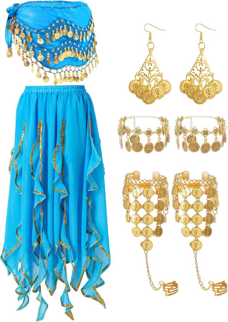Haysandy 8 Pcs Belly Dance Outfit Sets Women,Belly Dance Skirt, Hip Scarf, 2 Bracelets, Earrings, Anklet Bracelet (Blue)