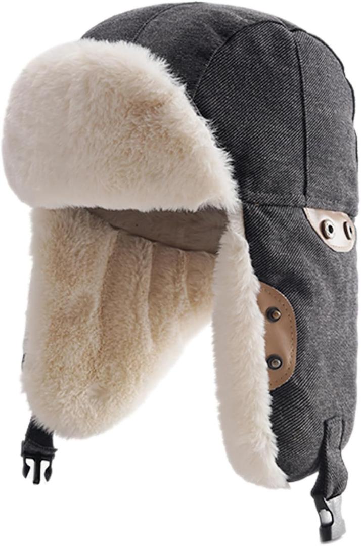 Harlang Trapper Hat with Faux Fur Lining, Ear Flaps, Adjustable Chin Strap (Black)